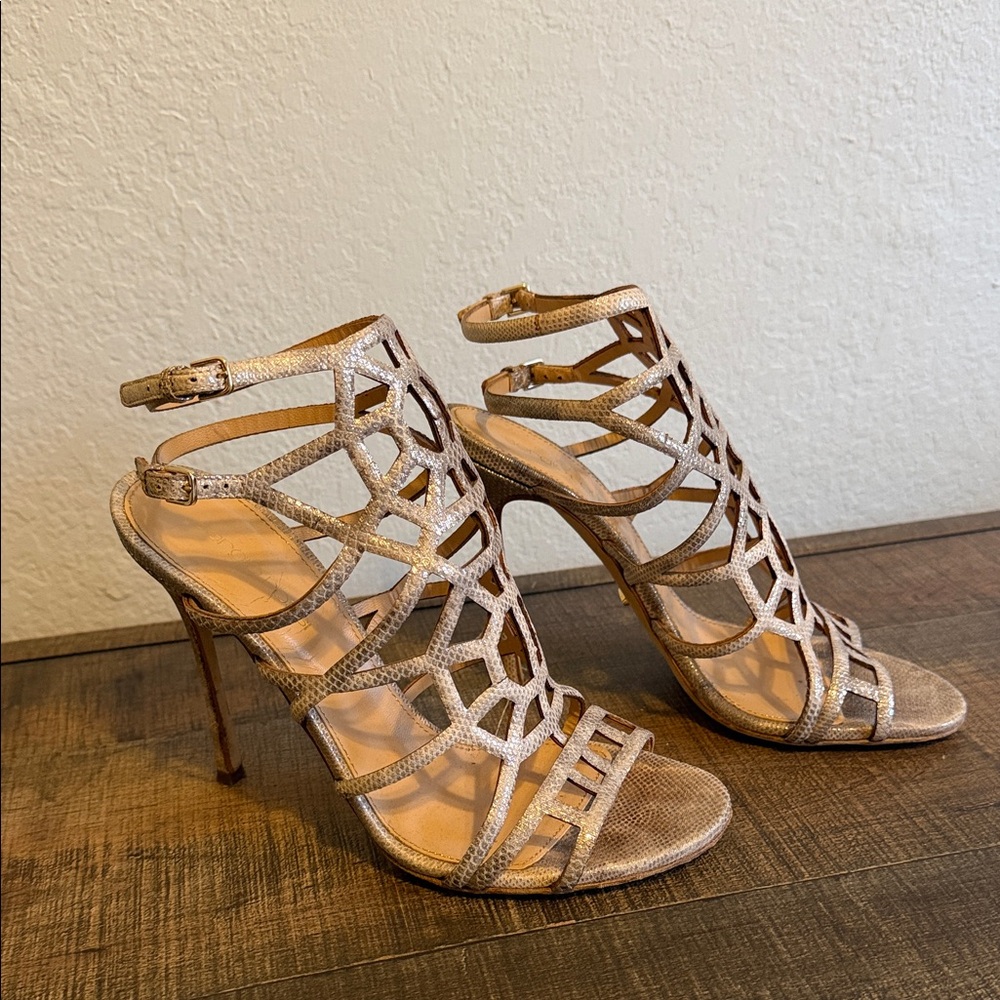 Sergio Rossi Metallic Gold Cage Strappy High Heel Sandals